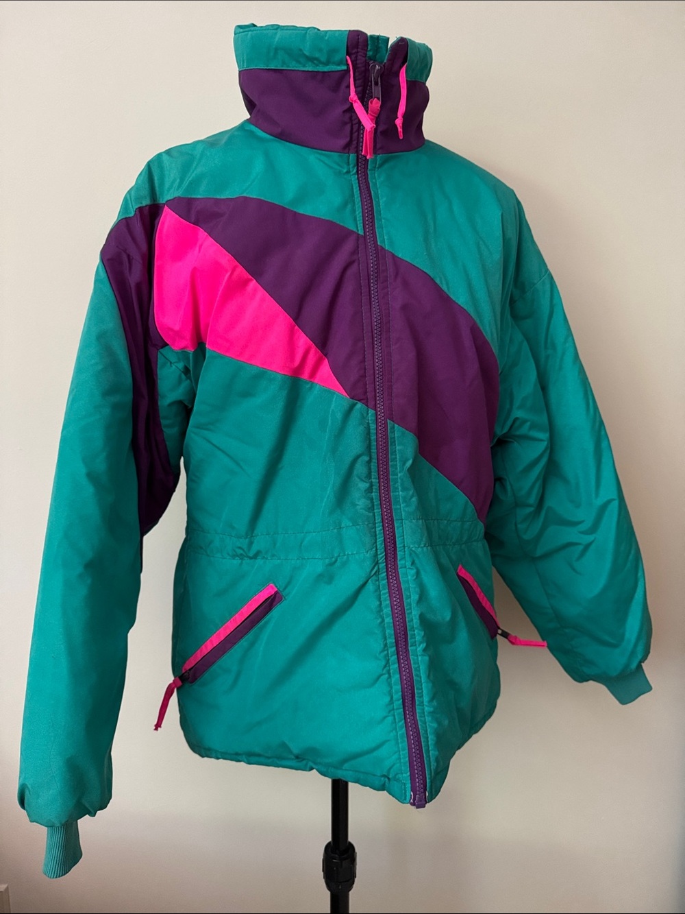 Vintage 80s Granite Tom Mangold Colorblock Ski Jacket L USA Teal Purple Pink